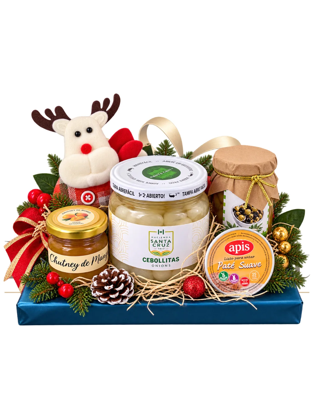 Navidad Azul con chutney, cebollitas, paté y aceitunas