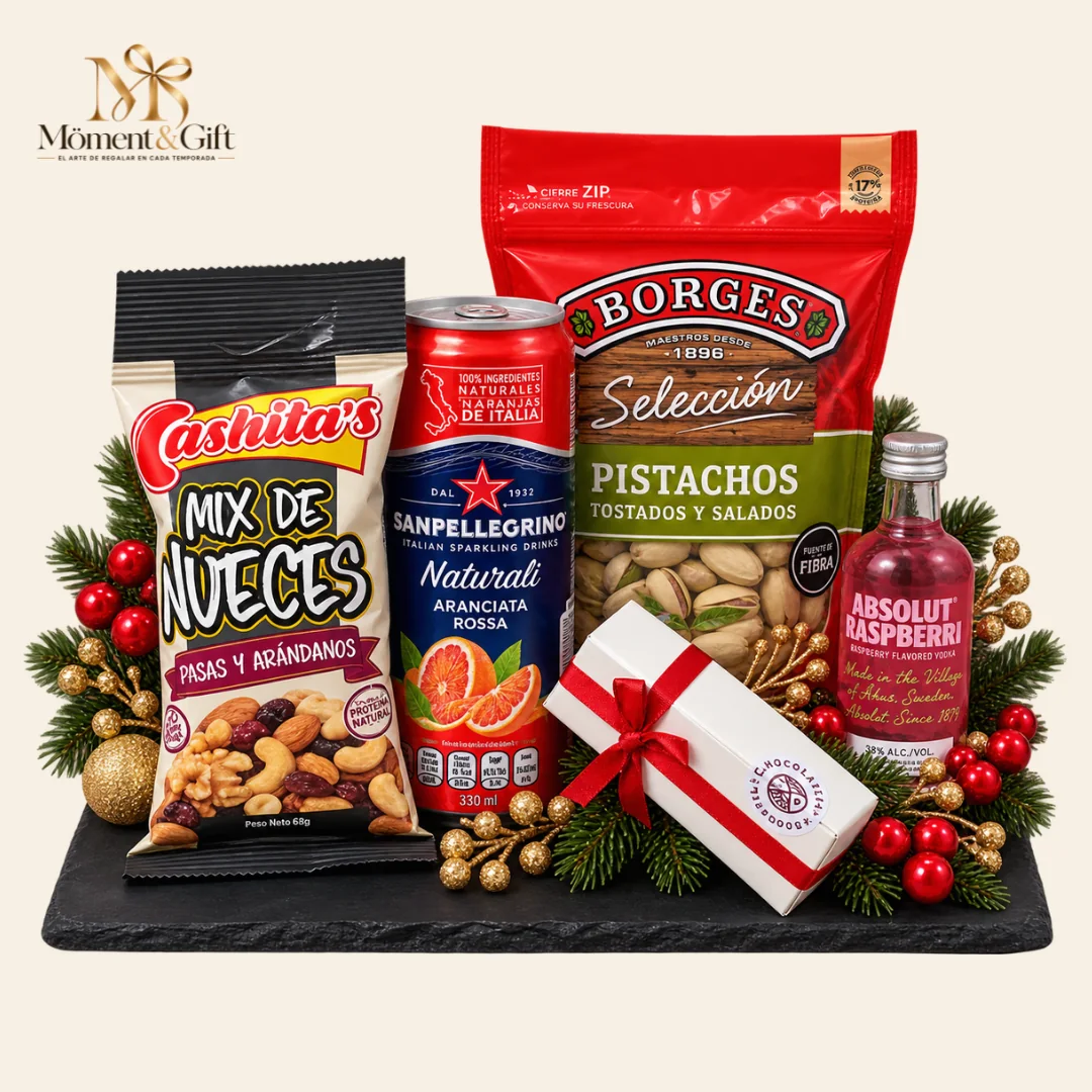 Gourmet Noël con mini botella de Absolut Raspberry, pistachos, bebida Sanpellegrino, mix de nueces y caja de chocolates